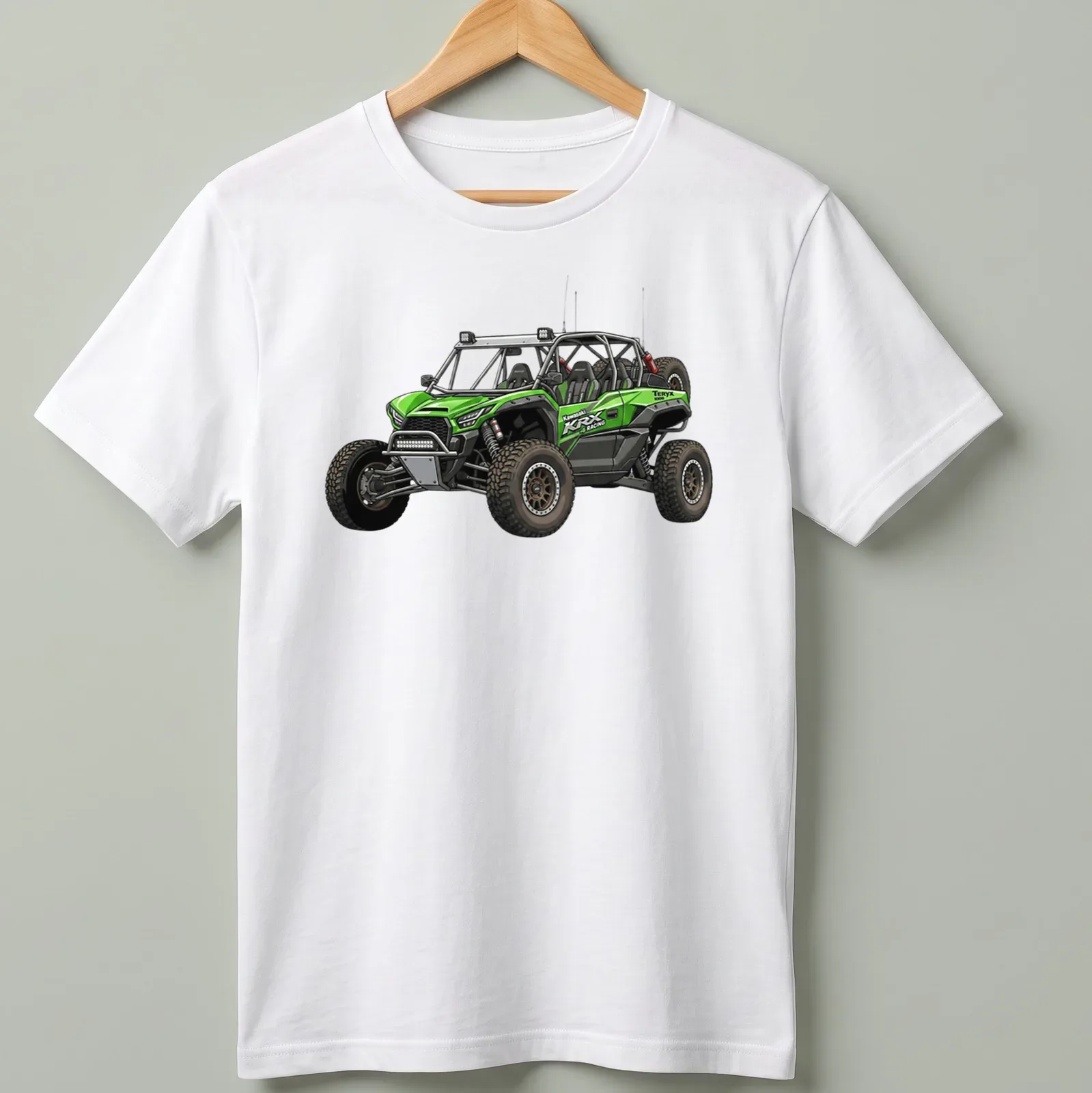 Detailed illustration of a Kawasaki KRX 1000 UTV with racing text in green and black — printed on a unisex t-shirt
