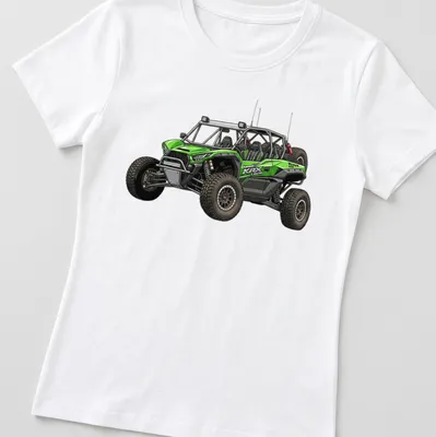 Detailed illustration of a Kawasaki KRX 1000 UTV with racing text in green and black — printed on a women's shirt