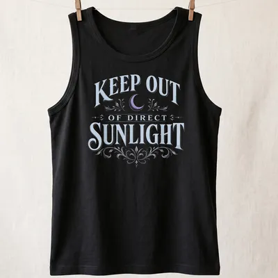 Vintage dark humor t-shirt featuring a moon and floral elements with the text 'KEEP OUT OF DIRECT SUNLIGHT' — printed on a tank top