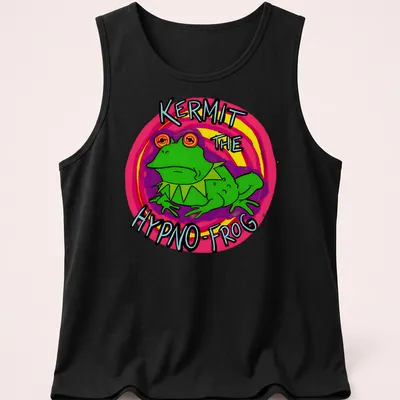 Cartoon illustration of Kermit the Hypno-Frog with colorful text — printed on a tank top