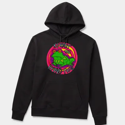 Cartoon illustration of Kermit the Hypno-Frog with colorful text — printed on a unisex hoodie