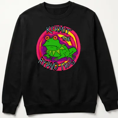 Cartoon illustration of Kermit the Hypno-Frog with colorful text — printed on a unisex sweatshirt