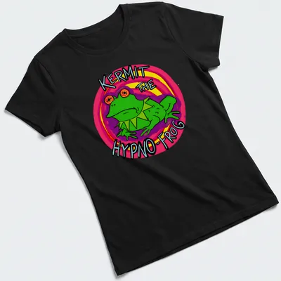Cartoon illustration of Kermit the Hypno-Frog with colorful text — printed on a women's shirt