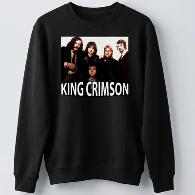 Vintage King Crimson T-shirt with bold lettering in black, white, brown, and beige — printed on a unisex sweatshirt