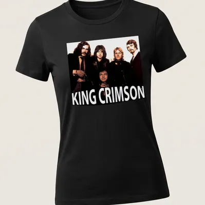Vintage King Crimson T-shirt with bold lettering in black, white, brown, and beige — printed on a women's shirt