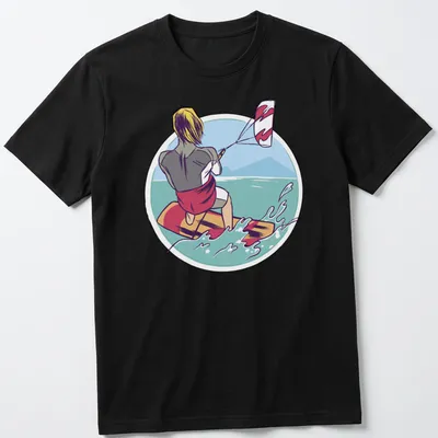 Colorful kiteboarder illustration on a water sports t-shirt