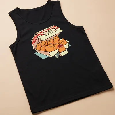 Kawaii line-art design of kittens shaped like chicken nuggets with playful text — printed on a tank top