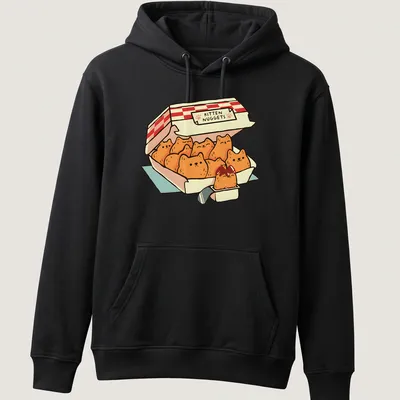 Kawaii line-art design of kittens shaped like chicken nuggets with playful text — printed on a unisex hoodie