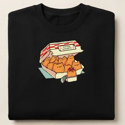 Kawaii line-art design of kittens shaped like chicken nuggets with playful text — printed on a unisex sweatshirt