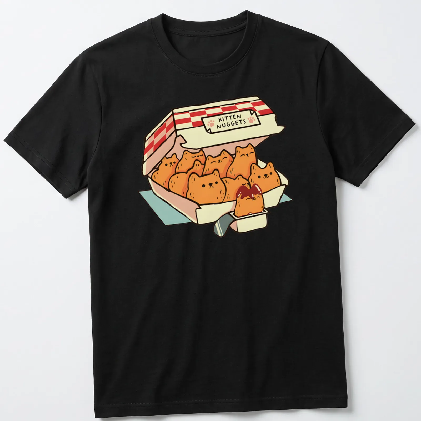 Kawaii line-art design of kittens shaped like chicken nuggets with playful text — printed on a unisex t-shirt