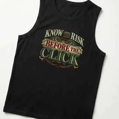 Ornate vintage text design with decorative elements in red, green, cream, gold, and black — printed on a tank top