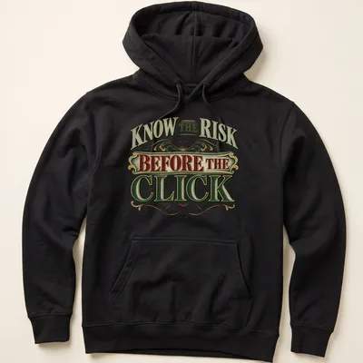 Ornate vintage text design with decorative elements in red, green, cream, gold, and black — printed on a unisex hoodie