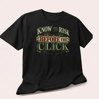 Ornate vintage text design with decorative elements in red, green, cream, gold, and black — printed on a unisex t-shirt (angled view)