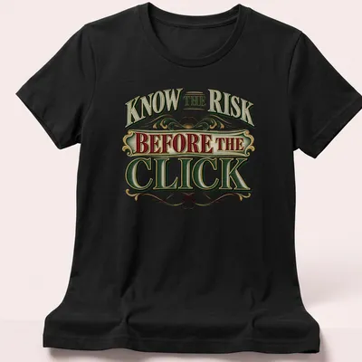 Ornate vintage text design with decorative elements in red, green, cream, gold, and black — printed on a women's shirt