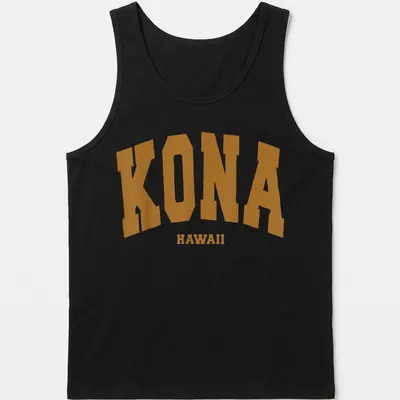Bold collegiate print of KONA HAWAII in gold and white on triathlon — printed on a tank top