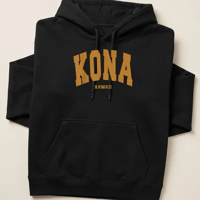Bold collegiate print of KONA HAWAII in gold and white on triathlon — printed on a unisex hoodie