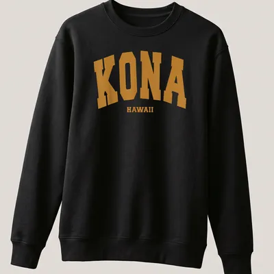 Bold collegiate print of KONA HAWAII in gold and white on triathlon — printed on a unisex sweatshirt