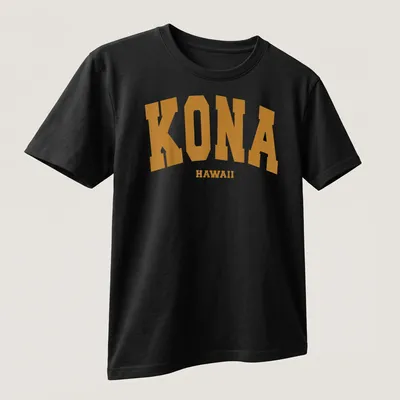 Bold collegiate print of KONA HAWAII in gold and white on triathlon — printed on a unisex t-shirt (angled view)