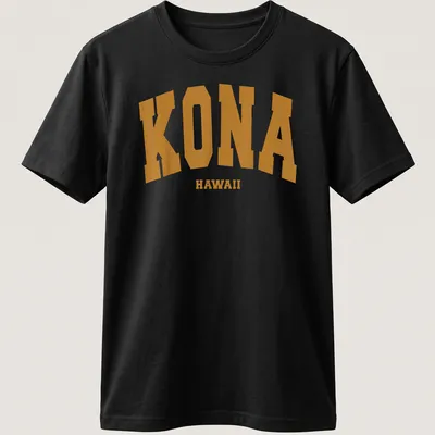 Bold collegiate print of KONA HAWAII in gold and white on triathlon — printed on a unisex t-shirt