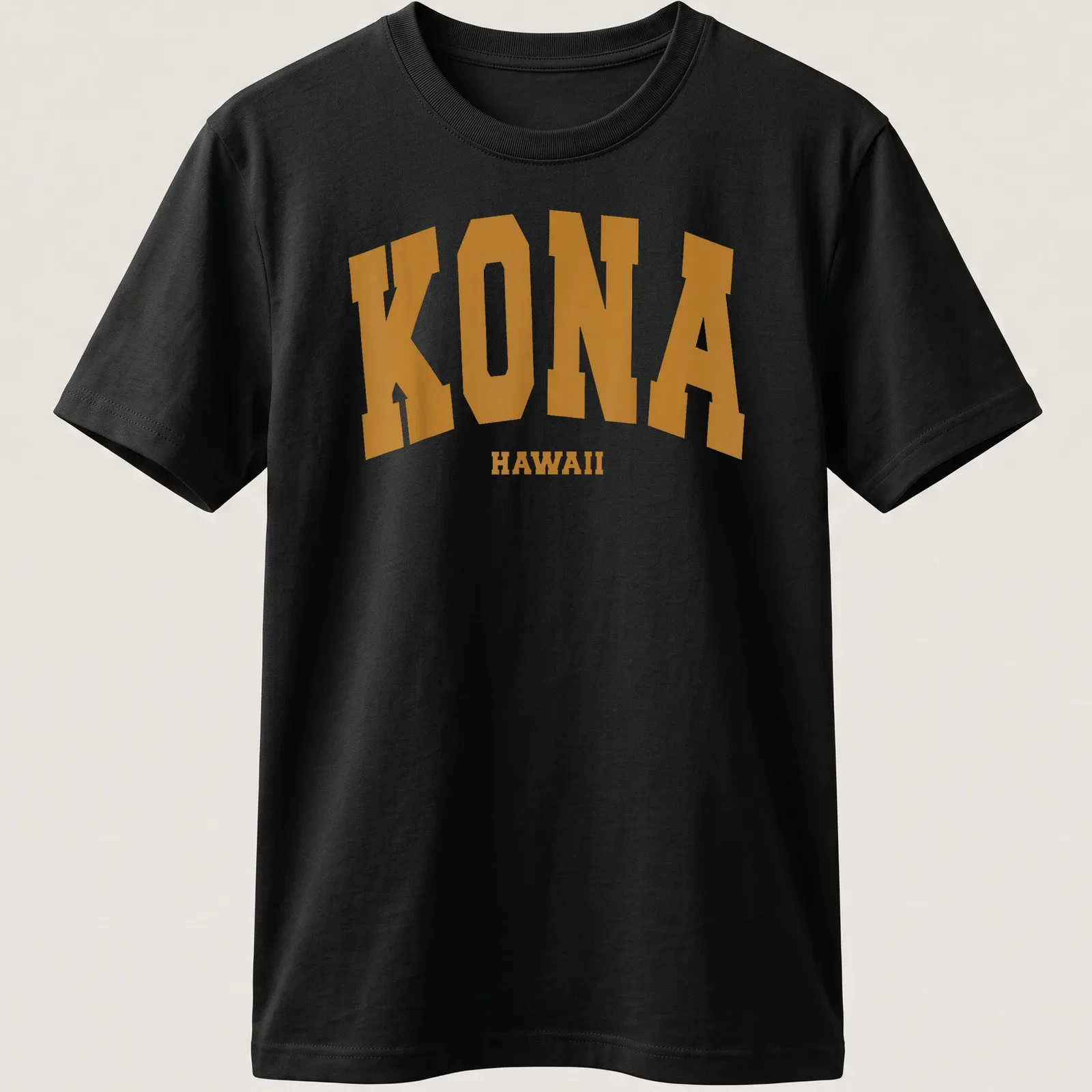 Bold collegiate print of KONA HAWAII in gold and white on triathlon — printed on a unisex t-shirt