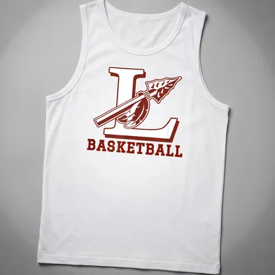 Bold collegiate L Basketball design with spear and feather in maroon and white — printed on a tank top
