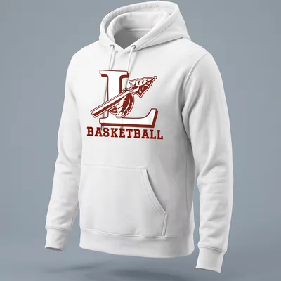 Bold collegiate L Basketball design with spear and feather in maroon and white — printed on a unisex hoodie