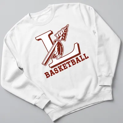 Bold collegiate L Basketball design with spear and feather in maroon and white — printed on a unisex sweatshirt