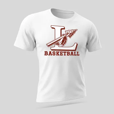 Bold collegiate L Basketball design with spear and feather in maroon and white — printed on a unisex t-shirt (angled view)