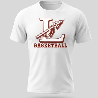 Bold collegiate L Basketball design with spear and feather in maroon and white