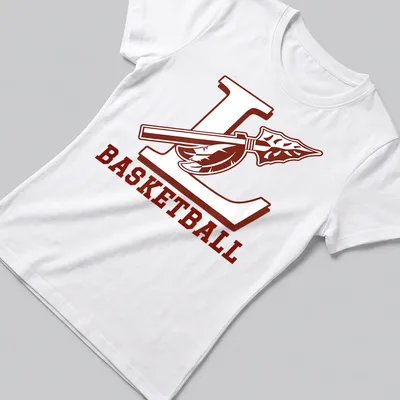 Bold collegiate L Basketball design with spear and feather in maroon and white — printed on a women's shirt