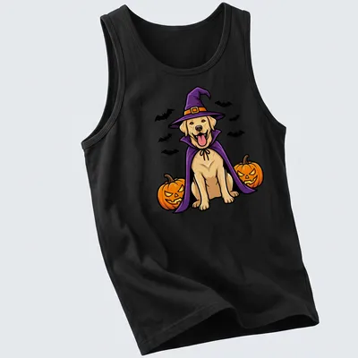 Cartoon Labrador Retriever in a witch hat with vibrant Halloween colors — printed on a tank top