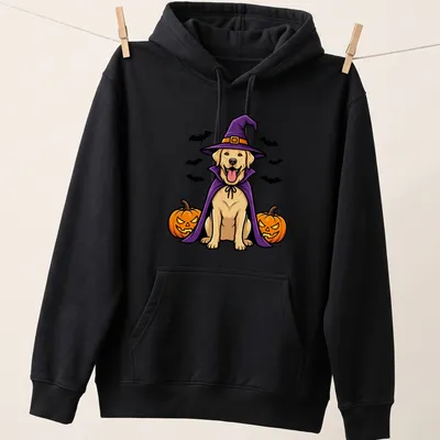Cartoon Labrador Retriever in a witch hat with vibrant Halloween colors — printed on a unisex hoodie