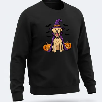 Cartoon Labrador Retriever in a witch hat with vibrant Halloween colors — printed on a unisex sweatshirt