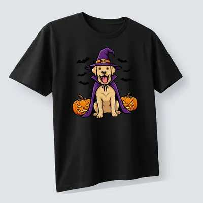 Cartoon Labrador Retriever in a witch hat with vibrant Halloween colors — printed on a unisex t-shirt (angled view)