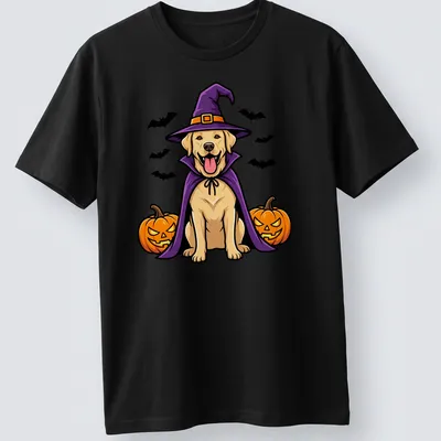 Cartoon Labrador Retriever in a witch hat with vibrant Halloween colors