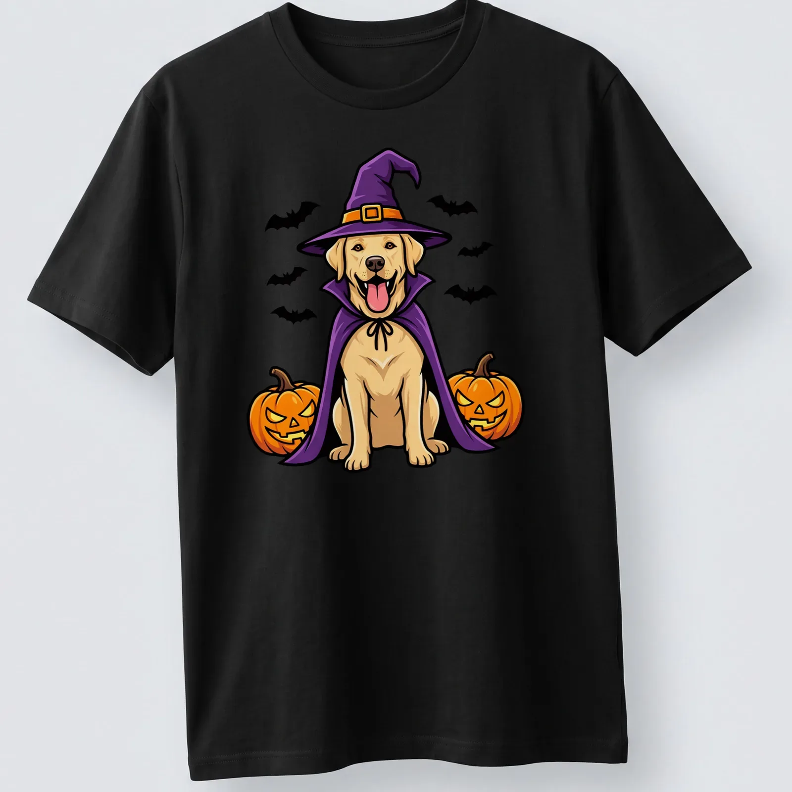 Cartoon Labrador Retriever in a witch hat with vibrant Halloween colors — printed on a unisex t-shirt