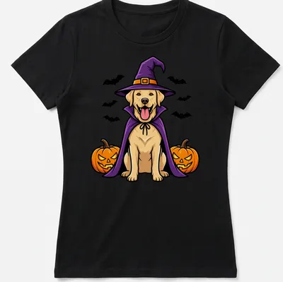 Cartoon Labrador Retriever in a witch hat with vibrant Halloween colors — printed on a women's shirt