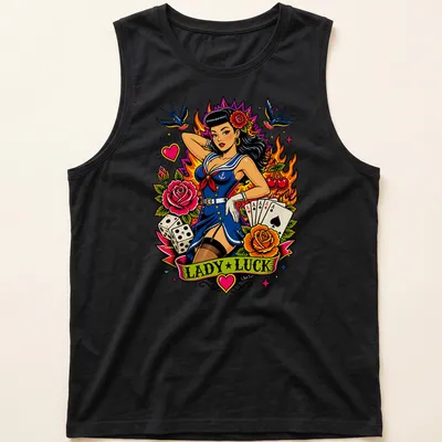 Vintage tattoo-style t-shirt featuring a pin-up girl and 'Lady Luck' text — printed on a tank top