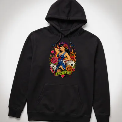 Vintage tattoo-style t-shirt featuring a pin-up girl and 'Lady Luck' text — printed on a unisex hoodie