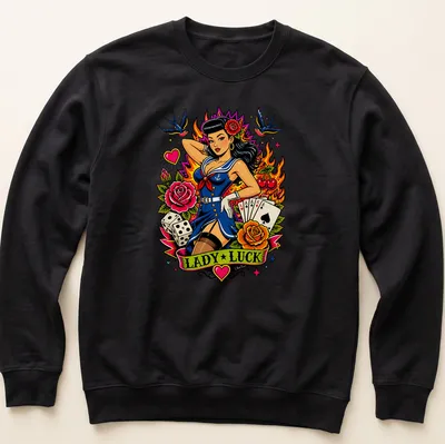 Vintage tattoo-style t-shirt featuring a pin-up girl and 'Lady Luck' text — printed on a unisex sweatshirt