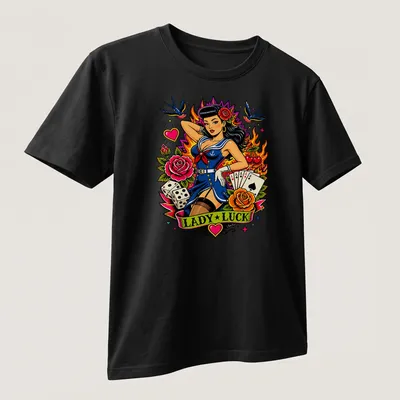 Vintage tattoo-style t-shirt featuring a pin-up girl and 'Lady Luck' text — printed on a unisex t-shirt (angled view)