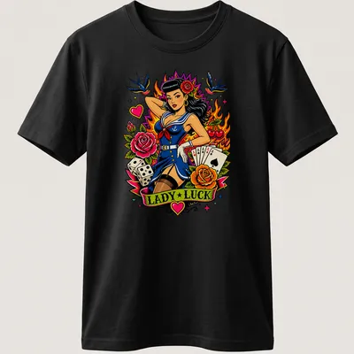 Vintage tattoo-style t-shirt featuring a pin-up girl and 'Lady Luck' text — printed on a unisex t-shirt