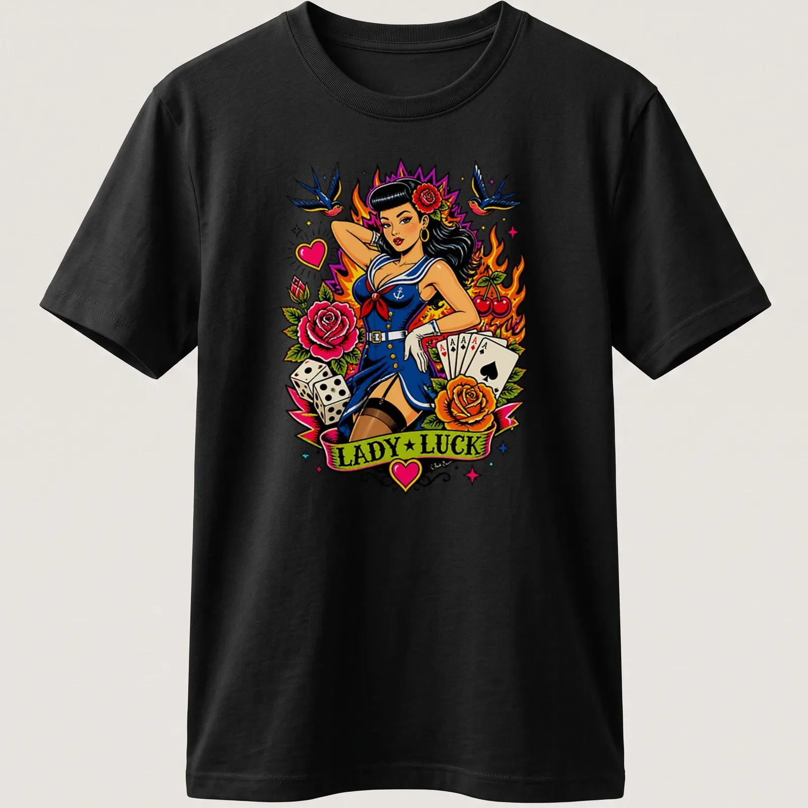 Vintage tattoo-style t-shirt featuring a pin-up girl and 'Lady Luck' text — printed on a unisex t-shirt