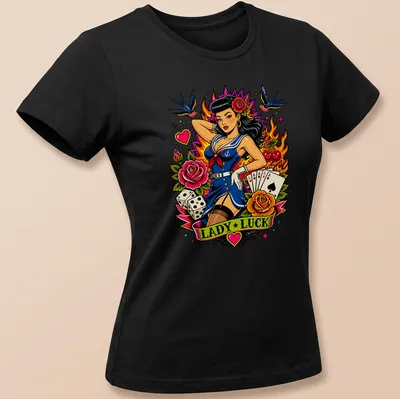 Vintage tattoo-style t-shirt featuring a pin-up girl and 'Lady Luck' text — printed on a women's shirt