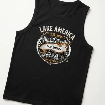 Vintage emblem Lake America map shirt with mountains and trees in black, orange, white, and gray. — printed on a tank top