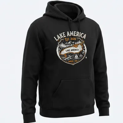 Vintage emblem Lake America map shirt with mountains and trees in black, orange, white, and gray. — printed on a unisex hoodie