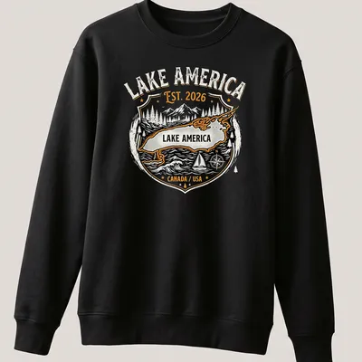 Vintage emblem Lake America map shirt with mountains and trees in black, orange, white, and gray. — printed on a unisex sweatshirt