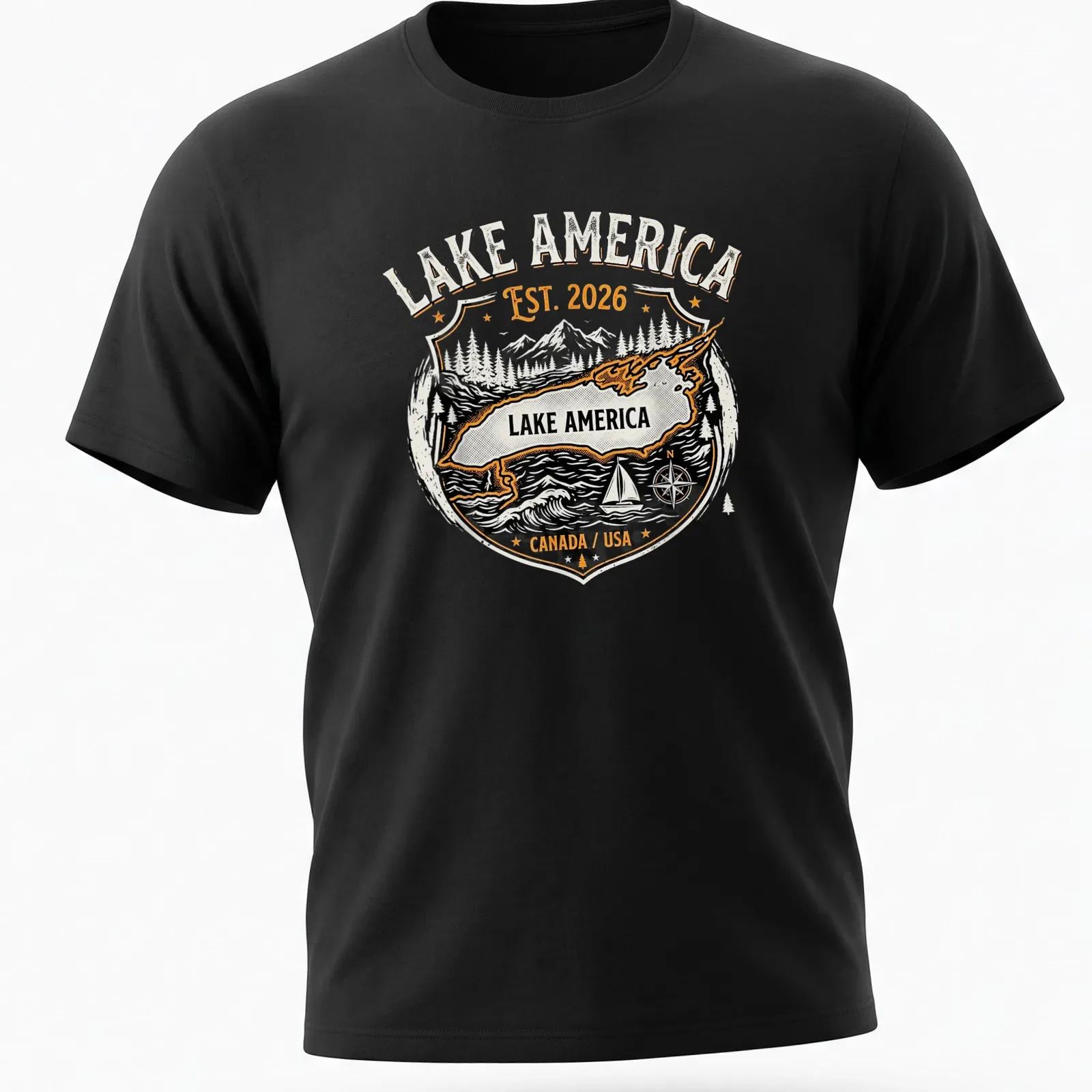 Vintage emblem Lake America map shirt with mountains and trees in black, orange, white, and gray. — printed on a unisex t-shirt