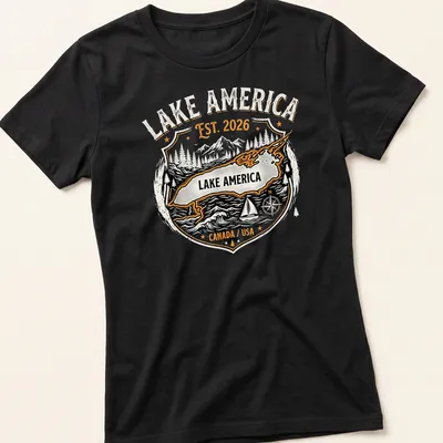 Vintage emblem Lake America map shirt with mountains and trees in black, orange, white, and gray. — printed on a women's shirt