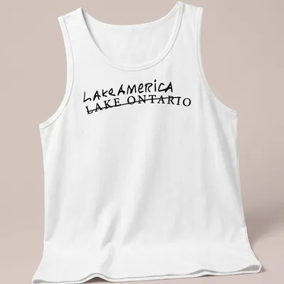 Handwritten style graphic of Lake America Lake Ontario sign in black. — printed on a tank top